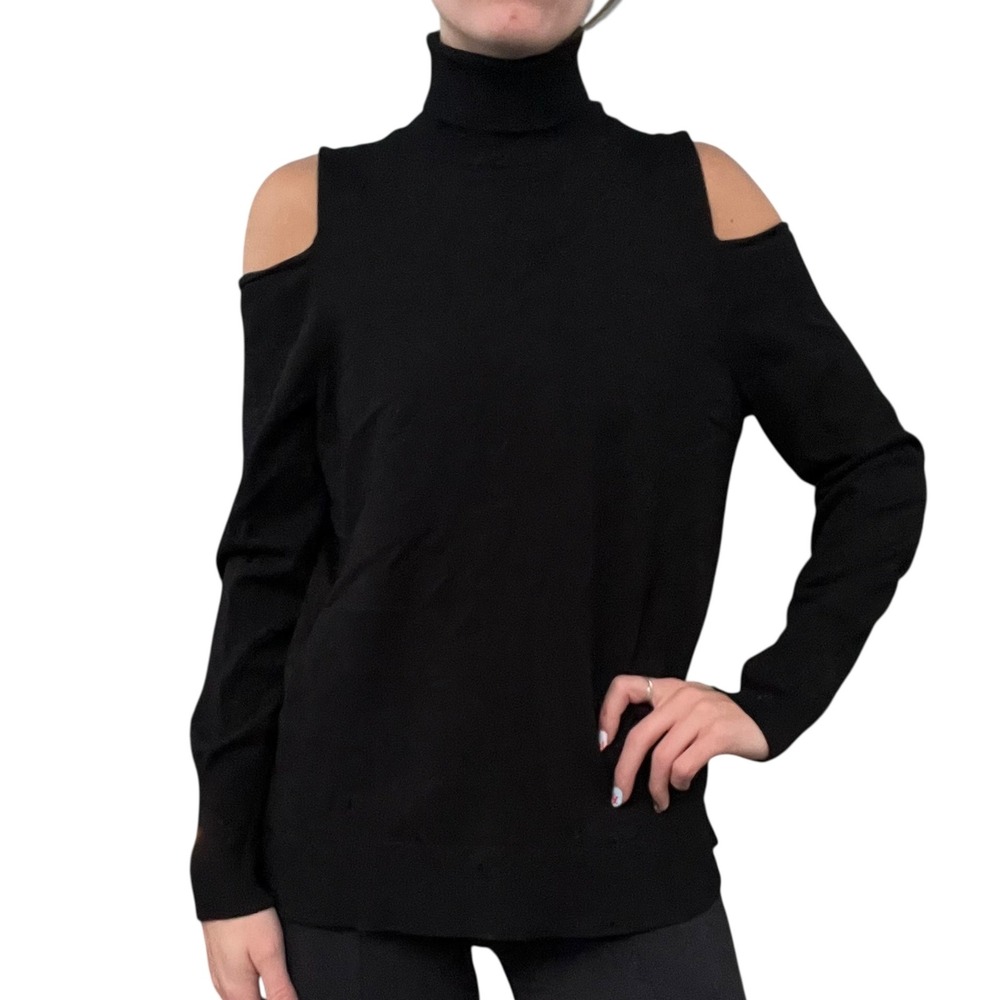 525 America Women Sz L Black Cold Shoulder Turtleneck Ribbed Knit Sweater Grunge - Picture 14 of 15